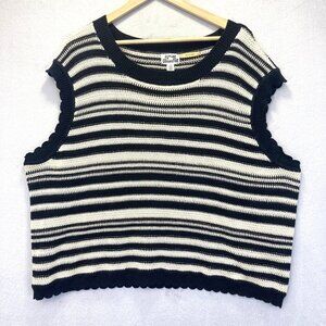 Future Collective Open Knit Sweater Vest Womens 3X Striped Scalloped Navy Blue